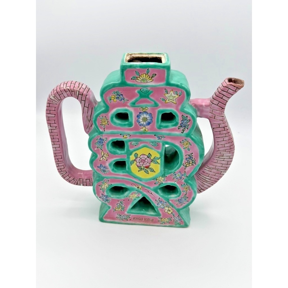 Vintage Chinese Porcelain Planter Teapot Style Pink Green Floral Decor